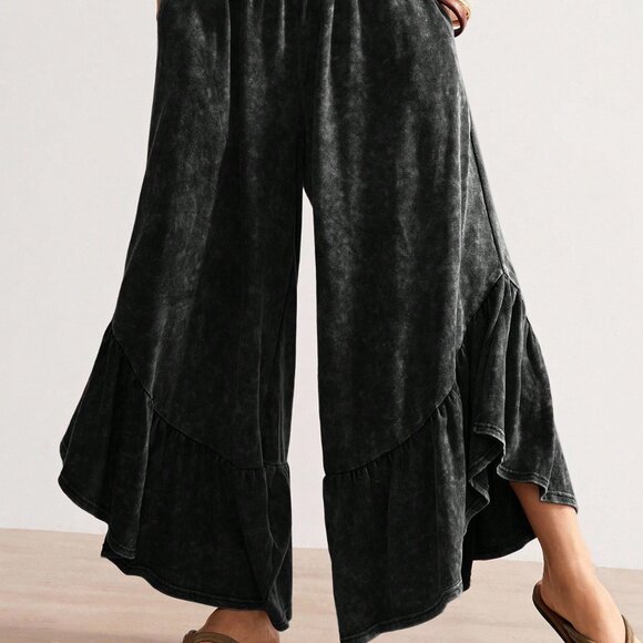 Black Casual Women's Knit Loose Wide-Leg Washed Pants - Picture 3 of 6